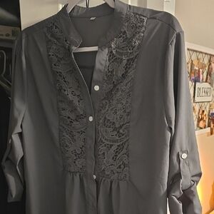 Gray Lace Button-Up Blouse